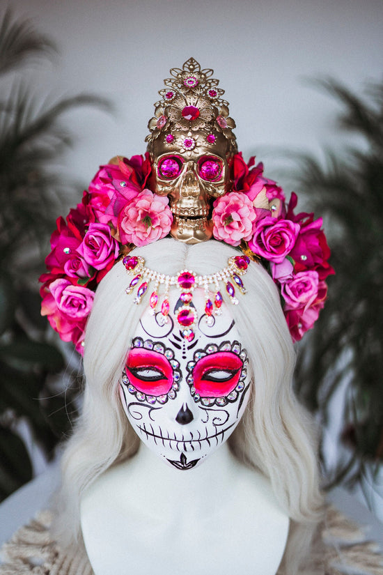 La Catrina Crown, Pink Roses, Skull Headpiece, Mexican Fiesta, Day of the Dead, Sugar Skull, Floral Crown, Festival Costume, Boho Bridal