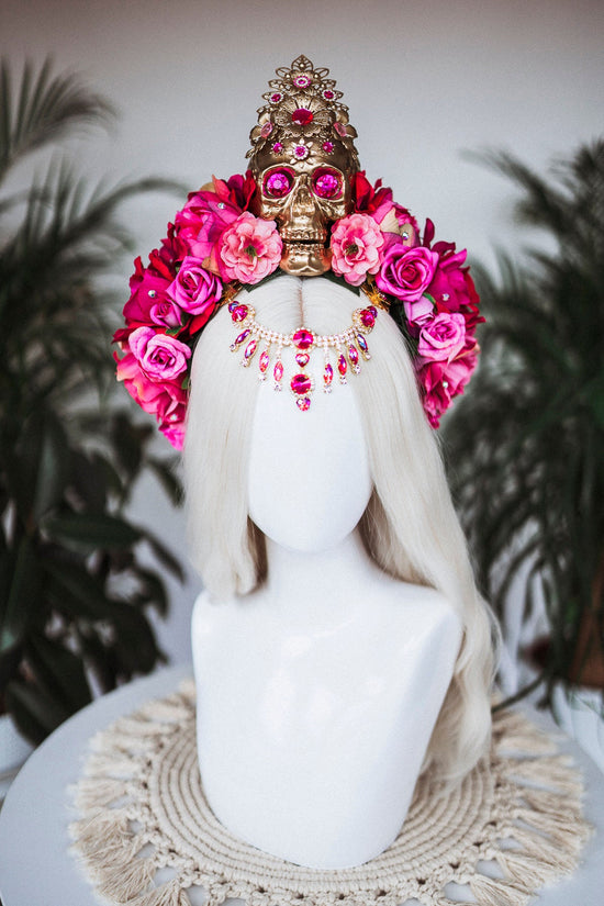 La Catrina Crown, Pink Roses, Skull Headpiece, Mexican Fiesta, Day of the Dead, Sugar Skull, Floral Crown, Festival Costume, Boho Bridal