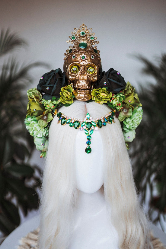 La Catrina Crown, Dia de los Muertos, Green Skull Headdress, Green Flower Headpiece, Mexican Skull Tiara,Halloween Costume,Sugar Skull Crown