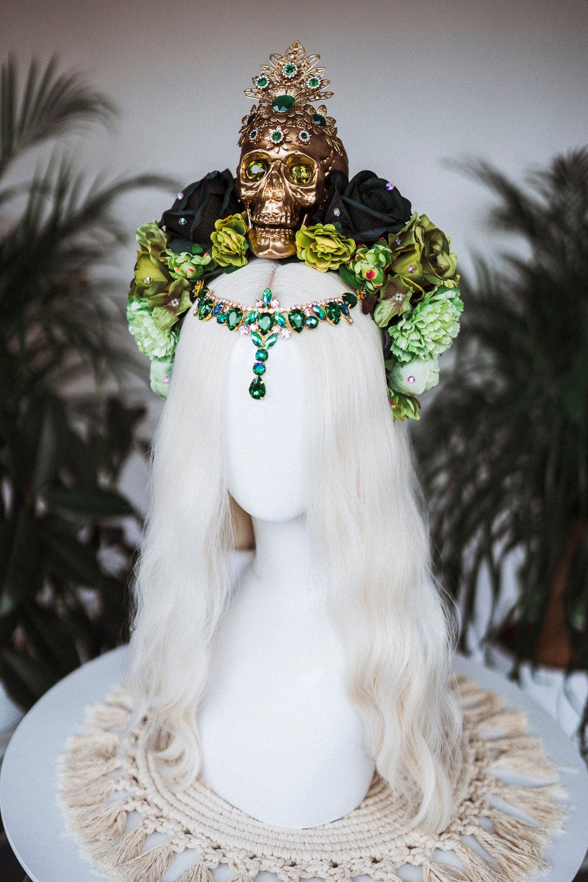 La Catrina Crown, Dia de los Muertos, Green Skull Headdress, Green Flower Headpiece, Mexican Skull Tiara,Halloween Costume,Sugar Skull Crown