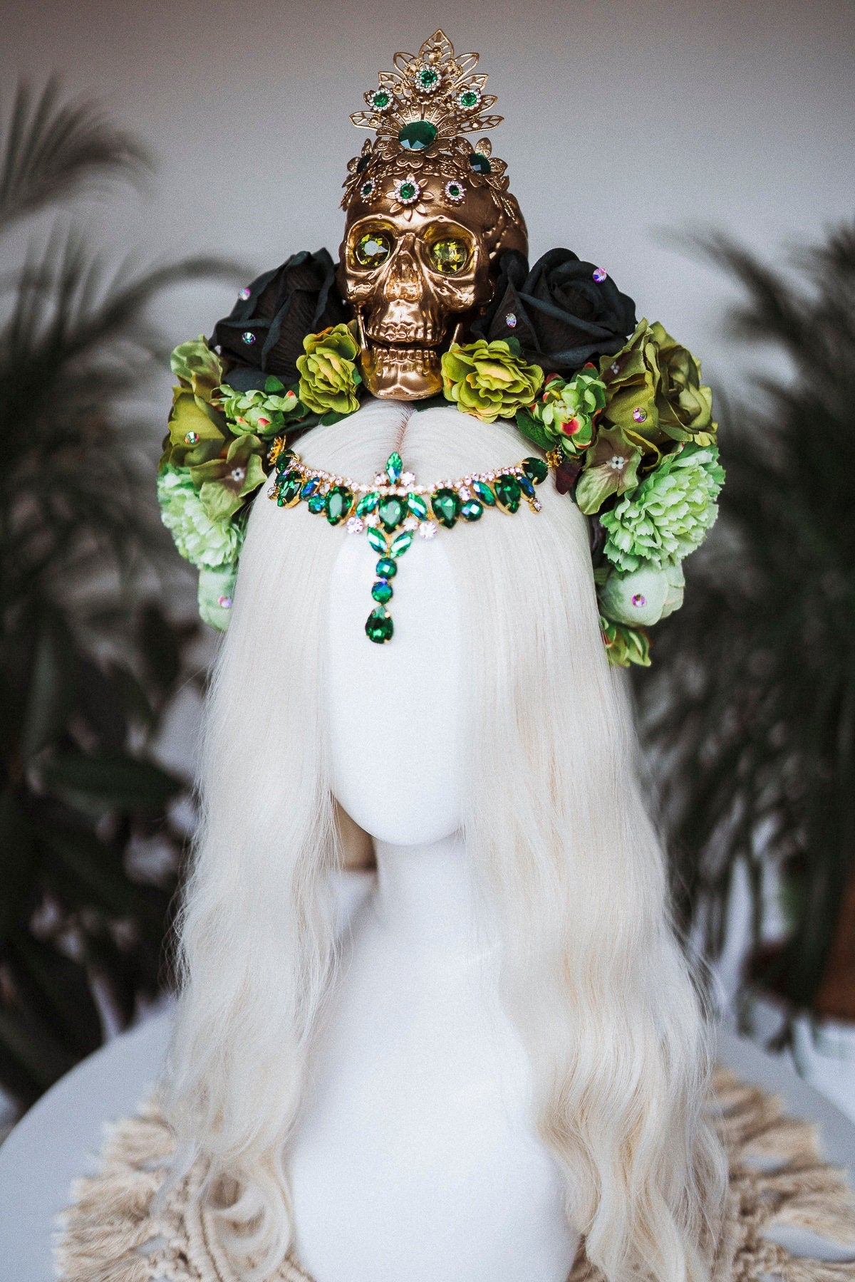 La Catrina Crown, Dia de los Muertos, Green Skull Headdress, Green Flower Headpiece, Mexican Skull Tiara,Halloween Costume,Sugar Skull Crown