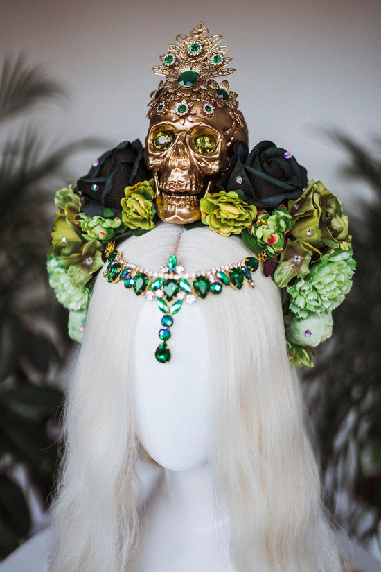 La Catrina Crown, Dia de los Muertos, Green Skull Headdress, Green Flower Headpiece, Mexican Skull Tiara,Halloween Costume,Sugar Skull Crown