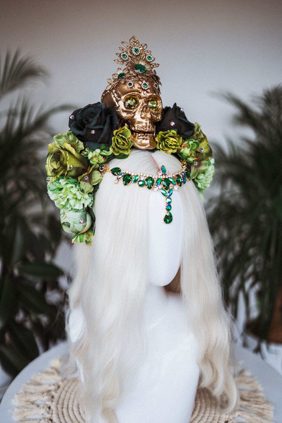 La Catrina Crown, Dia de los Muertos, Green Skull Headdress, Green Flower Headpiece, Mexican Skull Tiara,Halloween Costume,Sugar Skull Crown