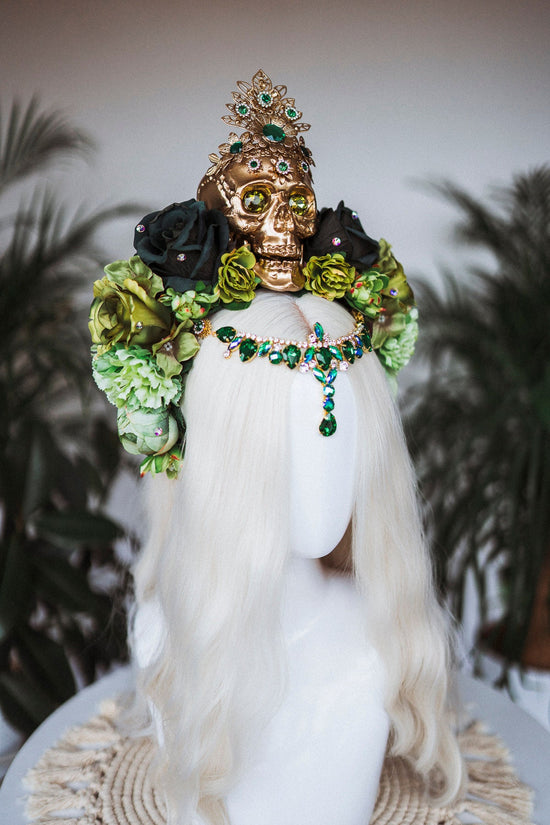 La Catrina Crown, Dia de los Muertos, Green Skull Headdress, Green Flower Headpiece, Mexican Skull Tiara,Halloween Costume,Sugar Skull Crown