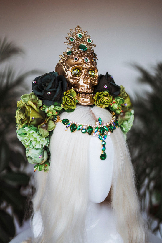 La Catrina Crown, Dia de los Muertos, Green Skull Headdress, Green Flower Headpiece, Mexican Skull Tiara,Halloween Costume,Sugar Skull Crown