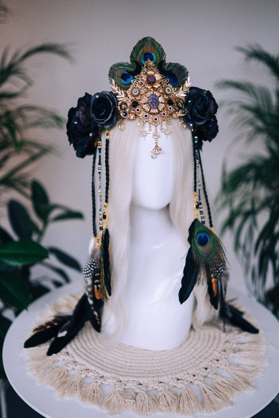 Boho crown, Festival headpiece, Feather crown, Bohemian jewellery, Halloween, Black flower crown, Boho jewelry, Black feather crown, Peacock