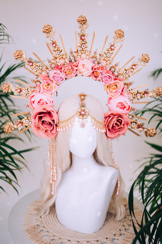 Celestial Flower Crown, Gold Boho Headpiece, Pink Rose Tiara, Goddess Halo Crown, Wedding Floral Crown, Festival Headpiece, Carnival Tiara