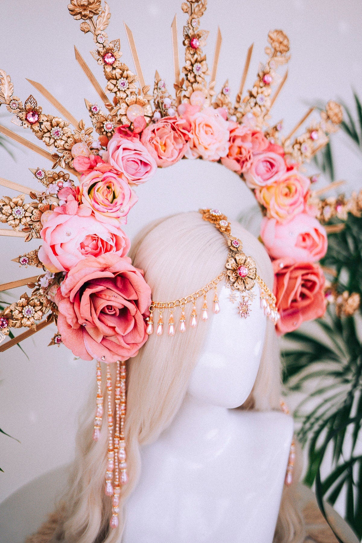 Celestial Flower Crown, Gold Boho Headpiece, Pink Rose Tiara, Goddess Halo Crown, Wedding Floral Crown, Festival Headpiece, Carnival Tiara