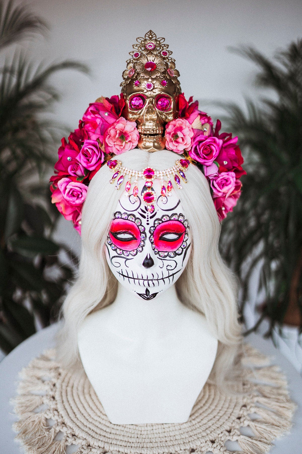 La Catrina Crown, Pink Roses, Skull Headpiece, Mexican Fiesta, Day of the Dead, Sugar Skull, Floral Crown, Festival Costume, Boho Bridal
