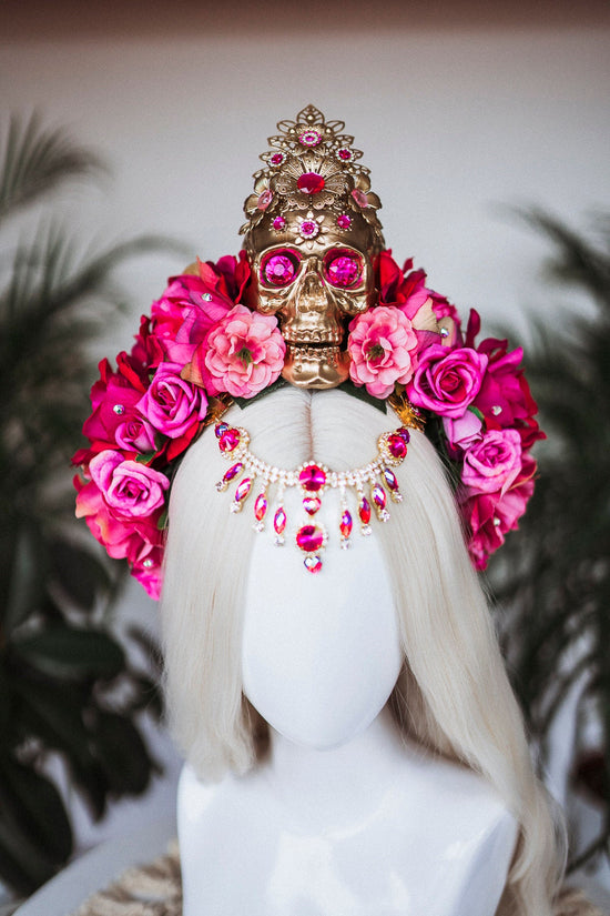 La Catrina Crown, Pink Roses, Skull Headpiece, Mexican Fiesta, Day of the Dead, Sugar Skull, Floral Crown, Festival Costume, Boho Bridal