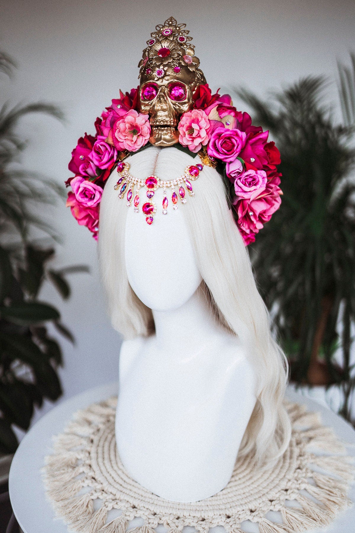 La Catrina Crown, Pink Roses, Skull Headpiece, Mexican Fiesta, Day of the Dead, Sugar Skull, Floral Crown, Festival Costume, Boho Bridal