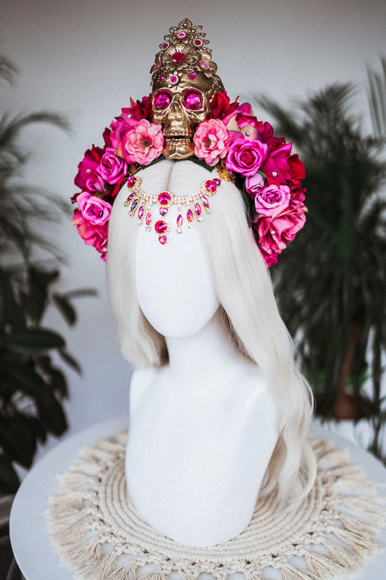 La Catrina Crown, Pink Roses, Skull Headpiece, Mexican Fiesta, Day of the Dead, Sugar Skull, Floral Crown, Festival Costume, Boho Bridal