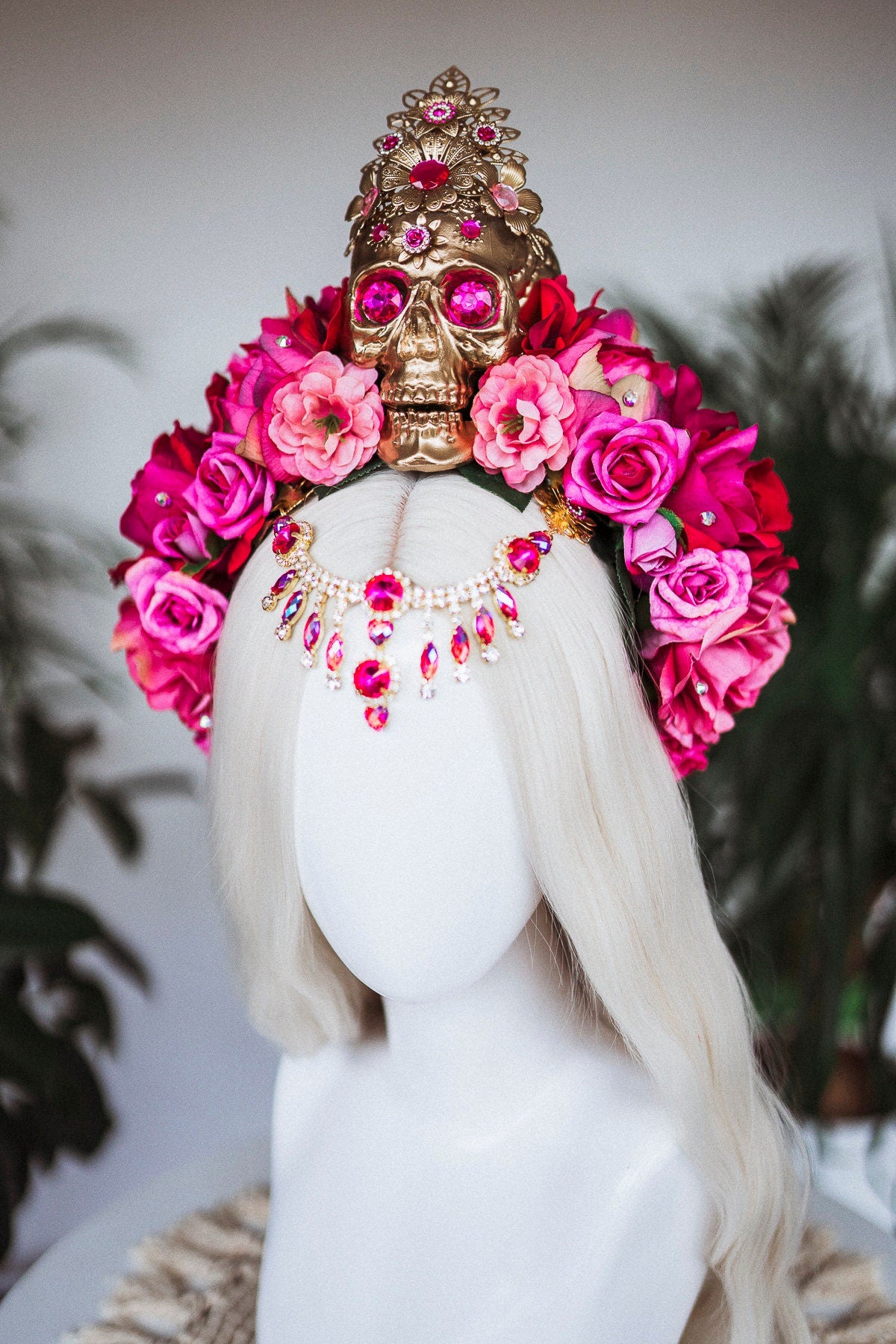 La Catrina Crown, Pink Roses, Skull Headpiece, Mexican Fiesta, Day of the Dead, Sugar Skull, Floral Crown, Festival Costume, Boho Bridal