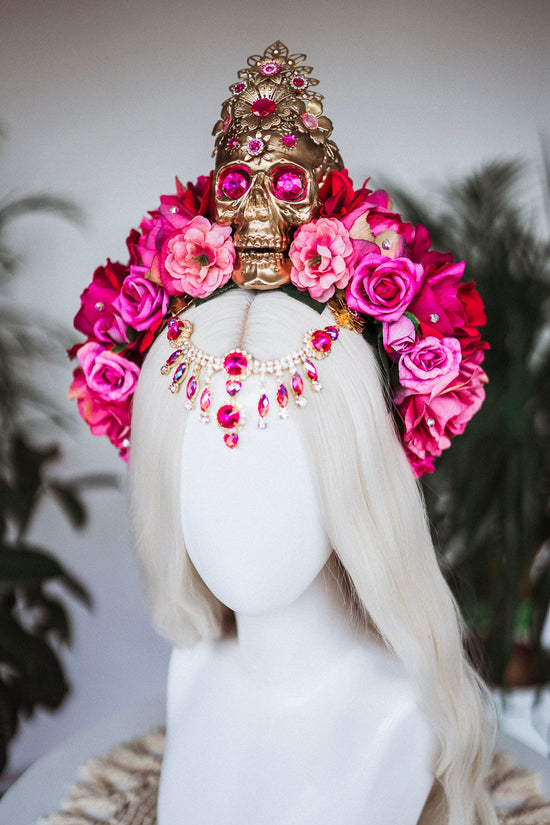 La Catrina Crown, Pink Roses, Skull Headpiece, Mexican Fiesta, Day of the Dead, Sugar Skull, Floral Crown, Festival Costume, Boho Bridal