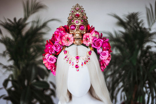 La Catrina Crown, Pink Roses, Skull Headpiece, Mexican Fiesta, Day of the Dead, Sugar Skull, Floral Crown, Festival Costume, Boho Bridal