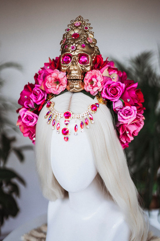 La Catrina Crown, Pink Roses, Skull Headpiece, Mexican Fiesta, Day of the Dead, Sugar Skull, Floral Crown, Festival Costume, Boho Bridal