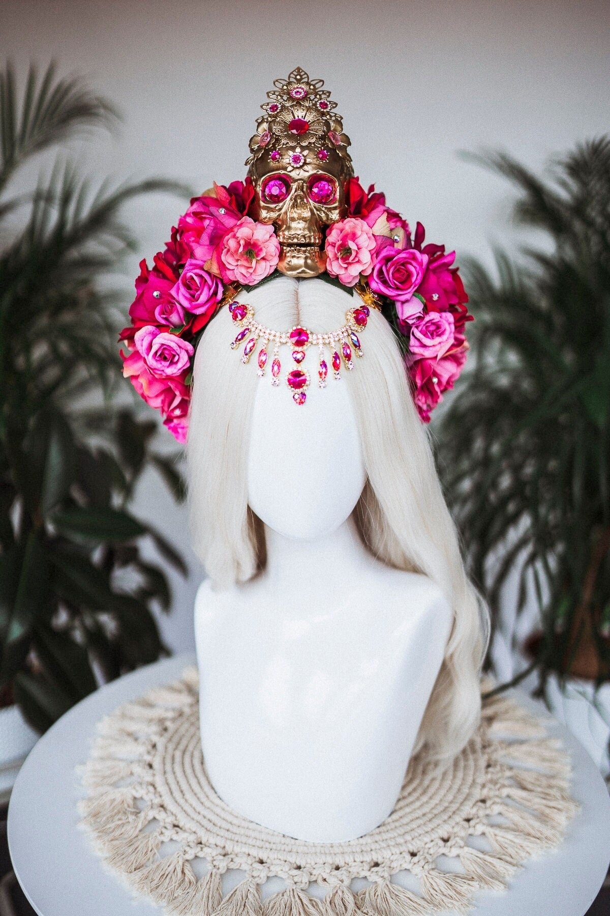 La Catrina Crown, Pink Roses, Skull Headpiece, Mexican Fiesta, Day of the Dead, Sugar Skull, Floral Crown, Festival Costume, Boho Bridal