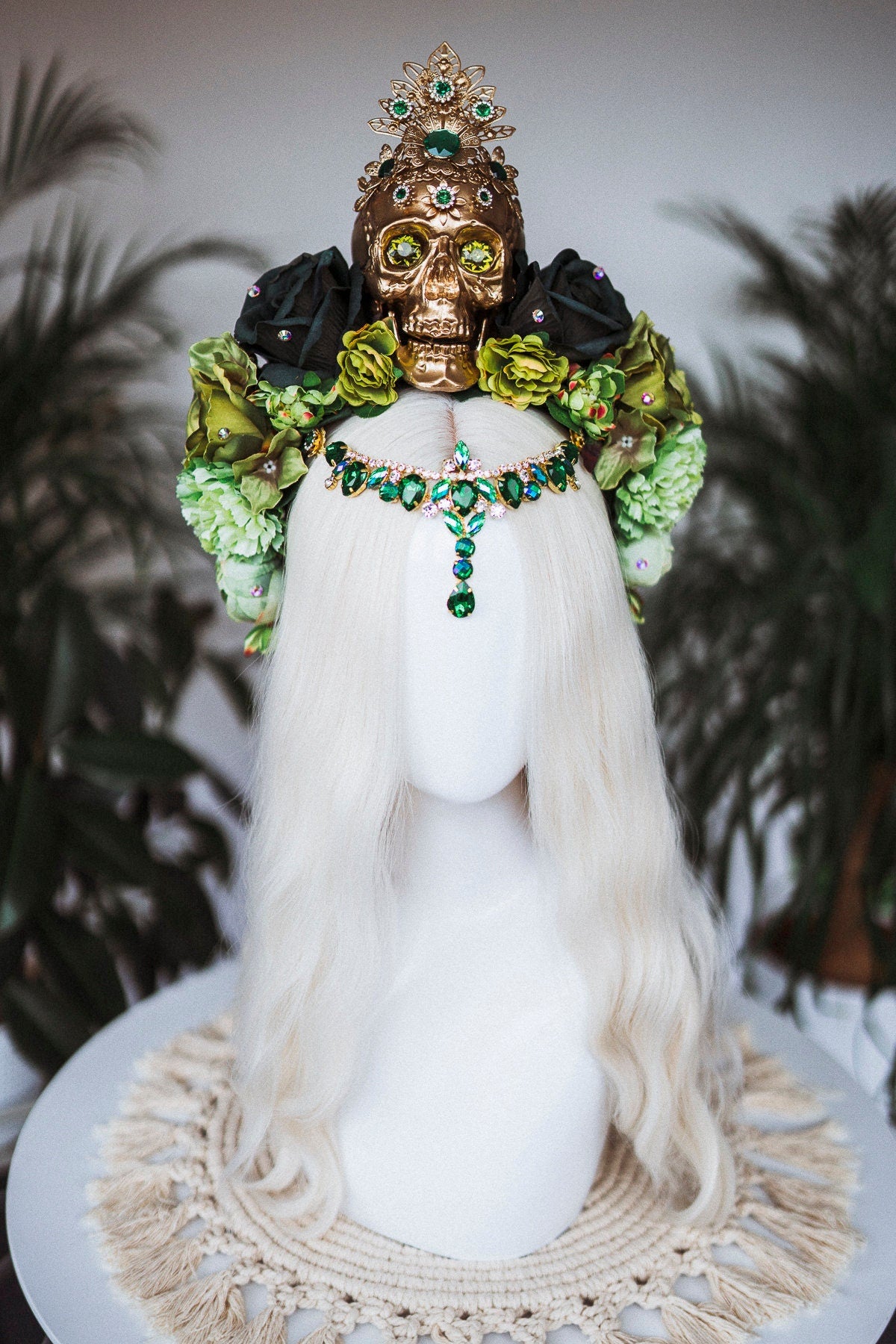La Catrina Crown, Dia de los Muertos, Green Skull Headdress, Green Flower Headpiece, Mexican Skull Tiara,Halloween Costume,Sugar Skull Crown