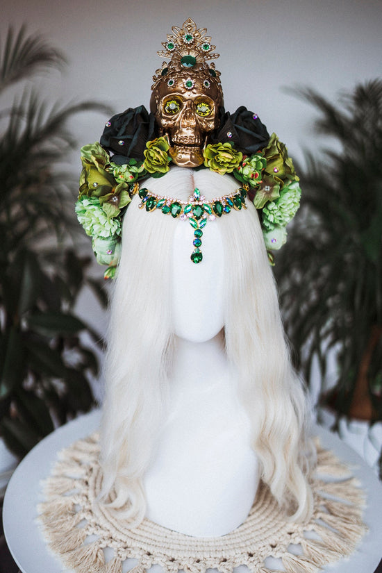 La Catrina Crown, Dia de los Muertos, Green Skull Headdress, Green Flower Headpiece, Mexican Skull Tiara,Halloween Costume,Sugar Skull Crown