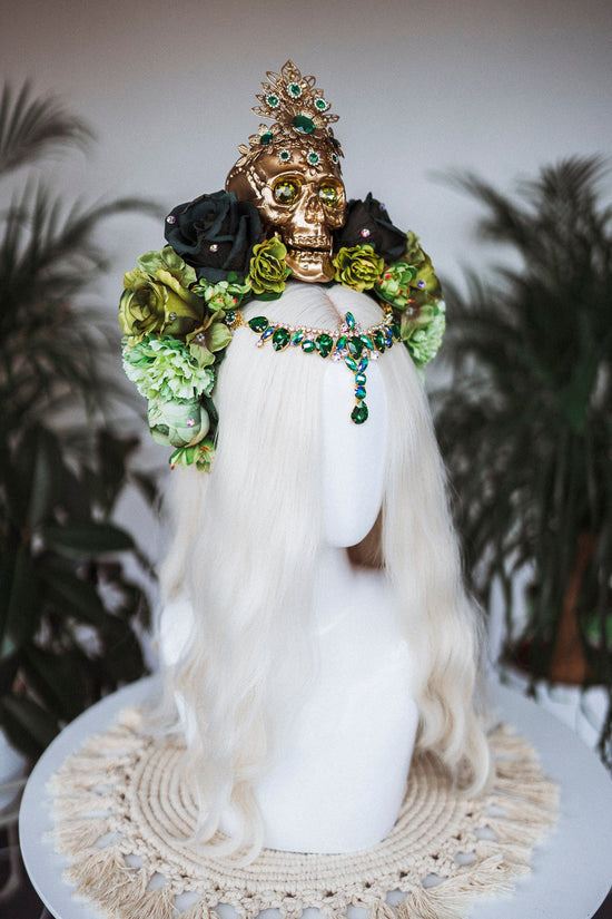 La Catrina Crown, Dia de los Muertos, Green Skull Headdress, Green Flower Headpiece, Mexican Skull Tiara,Halloween Costume,Sugar Skull Crown