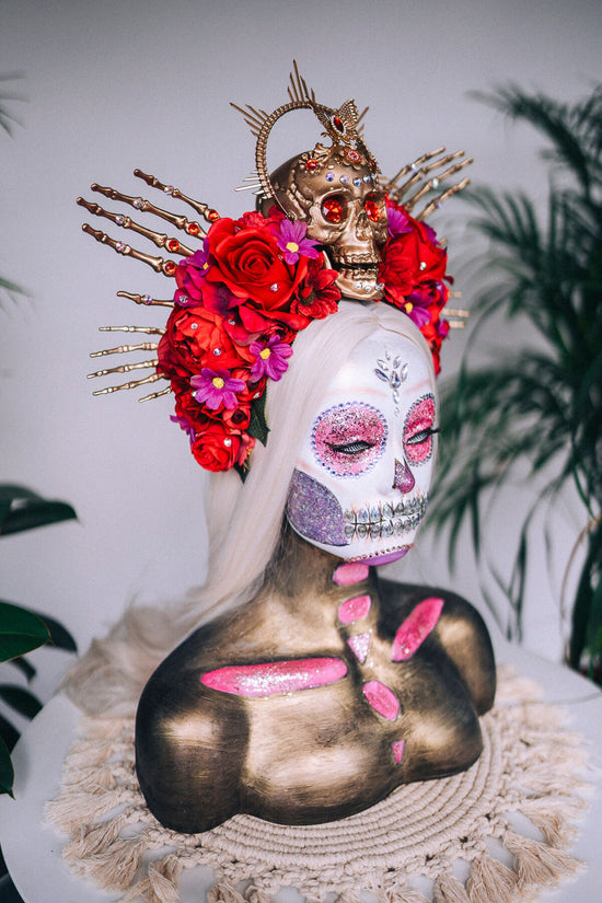 SALE Golden Skull Crown, Red Roses, Skeleton Hands, Day of the Dead, La Catrina Festival Tiara, Handcrafted Sugar Skull, Floral Headpiece