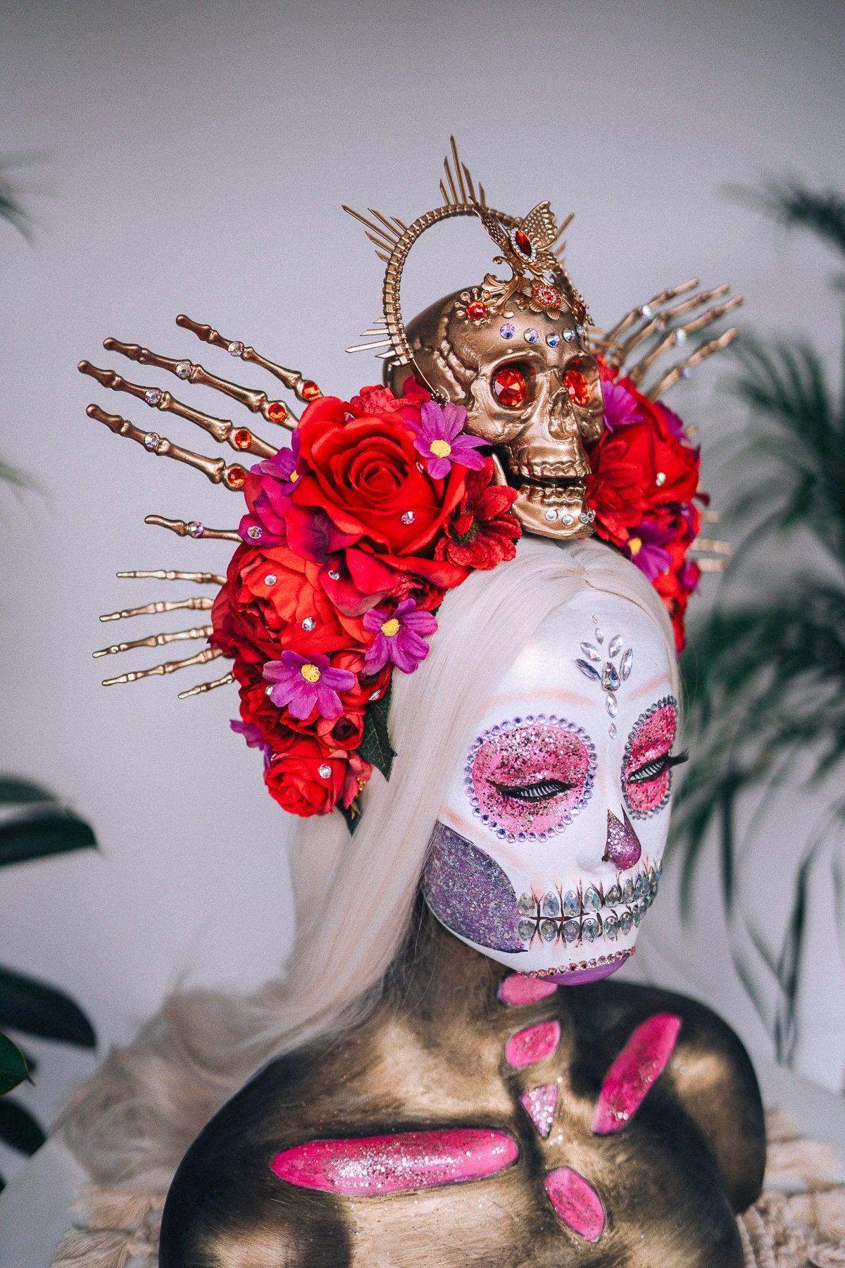 SALE Golden Skull Crown, Red Roses, Skeleton Hands, Day of the Dead, La Catrina Festival Tiara, Handcrafted Sugar Skull, Floral Headpiece