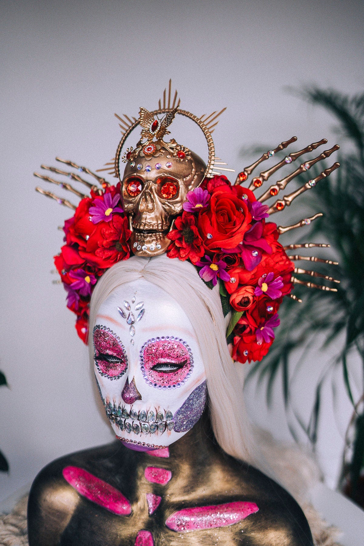SALE Golden Skull Crown, Red Roses, Skeleton Hands, Day of the Dead, La Catrina Festival Tiara, Handcrafted Sugar Skull, Floral Headpiece