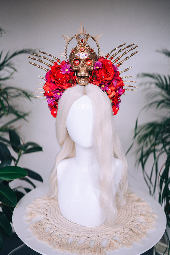 SALE Golden Skull Crown, Red Roses, Skeleton Hands, Day of the Dead, La Catrina Festival Tiara, Handcrafted Sugar Skull, Floral Headpiece