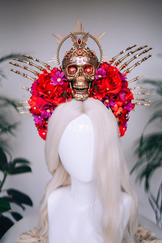 SALE Golden Skull Crown, Red Roses, Skeleton Hands, Day of the Dead, La Catrina Festival Tiara, Handcrafted Sugar Skull, Floral Headpiece