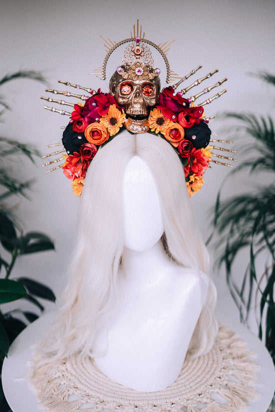 SALE Gold Skull Crown, Day of the Dead, La Catrina Headdress, Dia de los Muertos, Skeleton Hands, Halloween Crown, Mexican Goddess