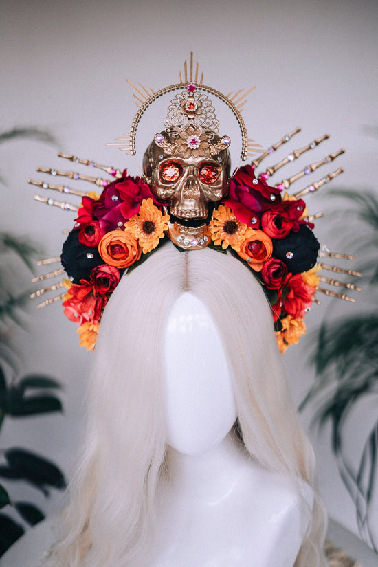SALE Gold Skull Crown, Day of the Dead, La Catrina Headdress, Dia de los Muertos, Skeleton Hands, Halloween Crown, Mexican Goddess