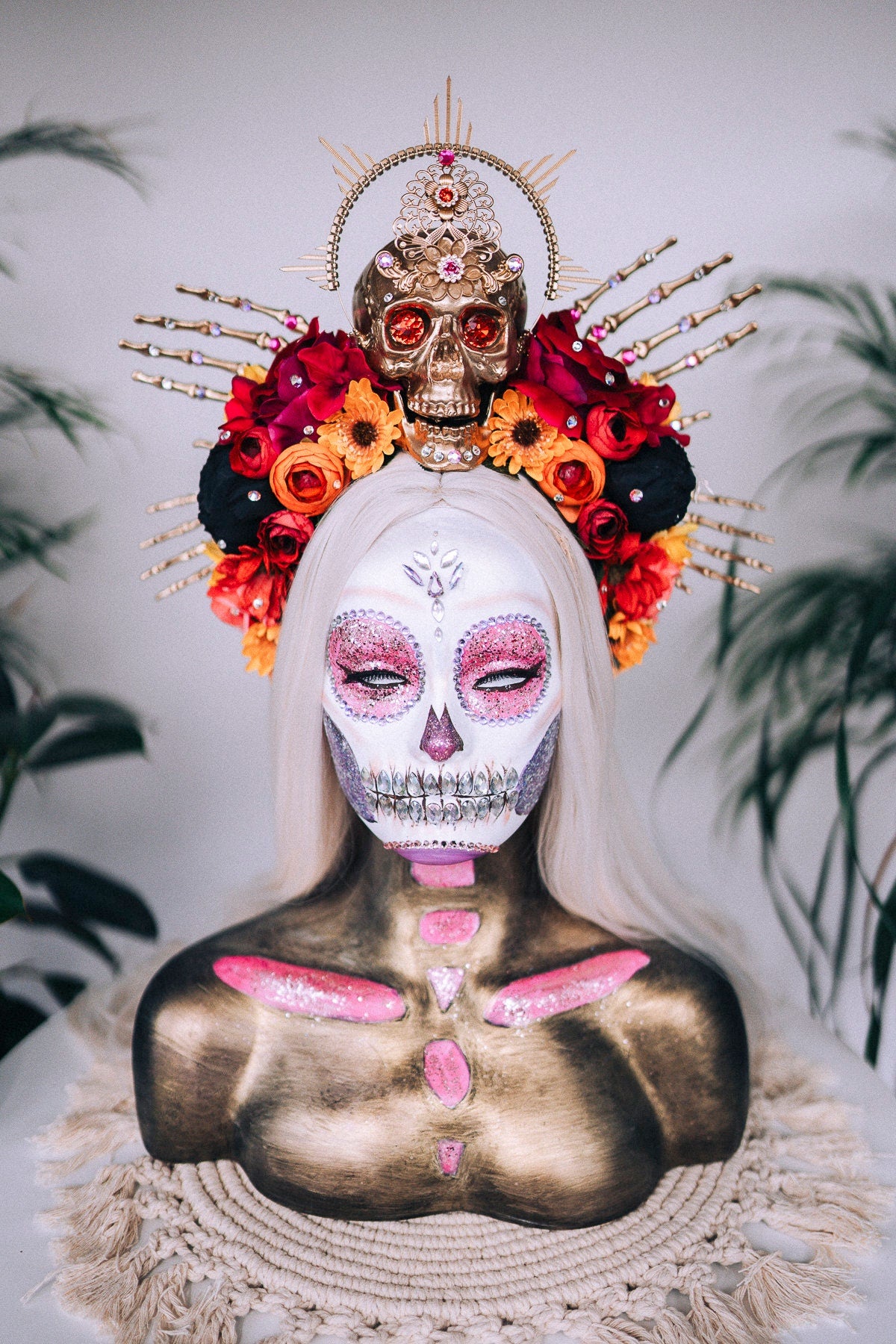 SALE Gold Skull Crown, Day of the Dead, La Catrina Headdress, Dia de los Muertos, Skeleton Hands, Halloween Crown, Mexican Goddess