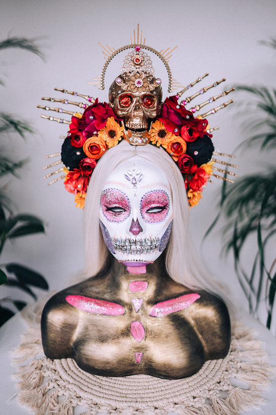 SALE Gold Skull Crown, Day of the Dead, La Catrina Headdress, Dia de los Muertos, Skeleton Hands, Halloween Crown, Mexican Goddess