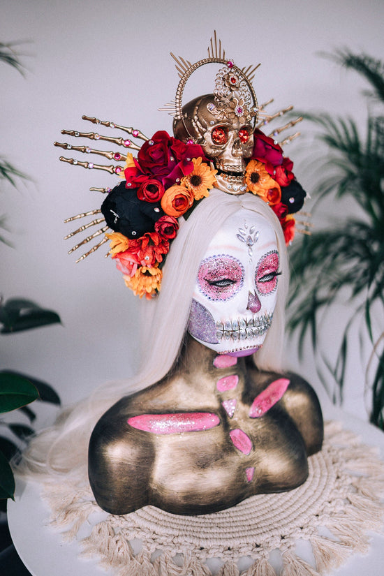 SALE Gold Skull Crown, Day of the Dead, La Catrina Headdress, Dia de los Muertos, Skeleton Hands, Halloween Crown, Mexican Goddess