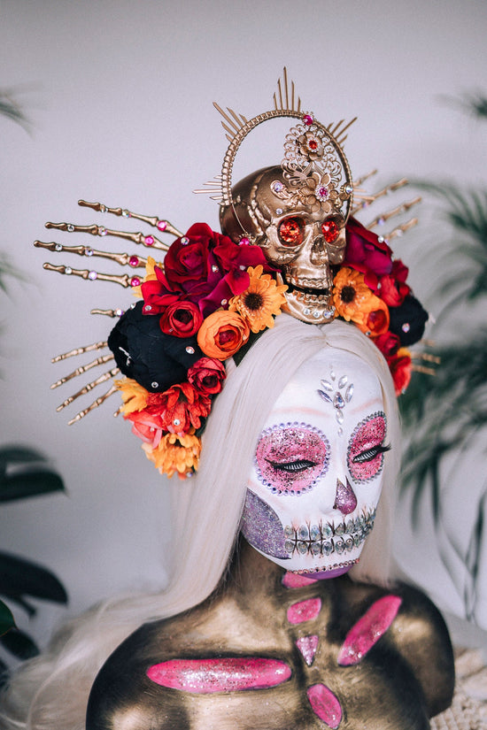 SALE Gold Skull Crown, Day of the Dead, La Catrina Headdress, Dia de los Muertos, Skeleton Hands, Halloween Crown, Mexican Goddess