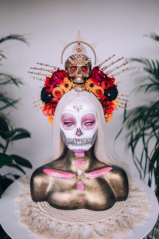 SALE Gold Skull Crown, Day of the Dead, La Catrina Headdress, Dia de los Muertos, Skeleton Hands, Halloween Crown, Mexican Goddess