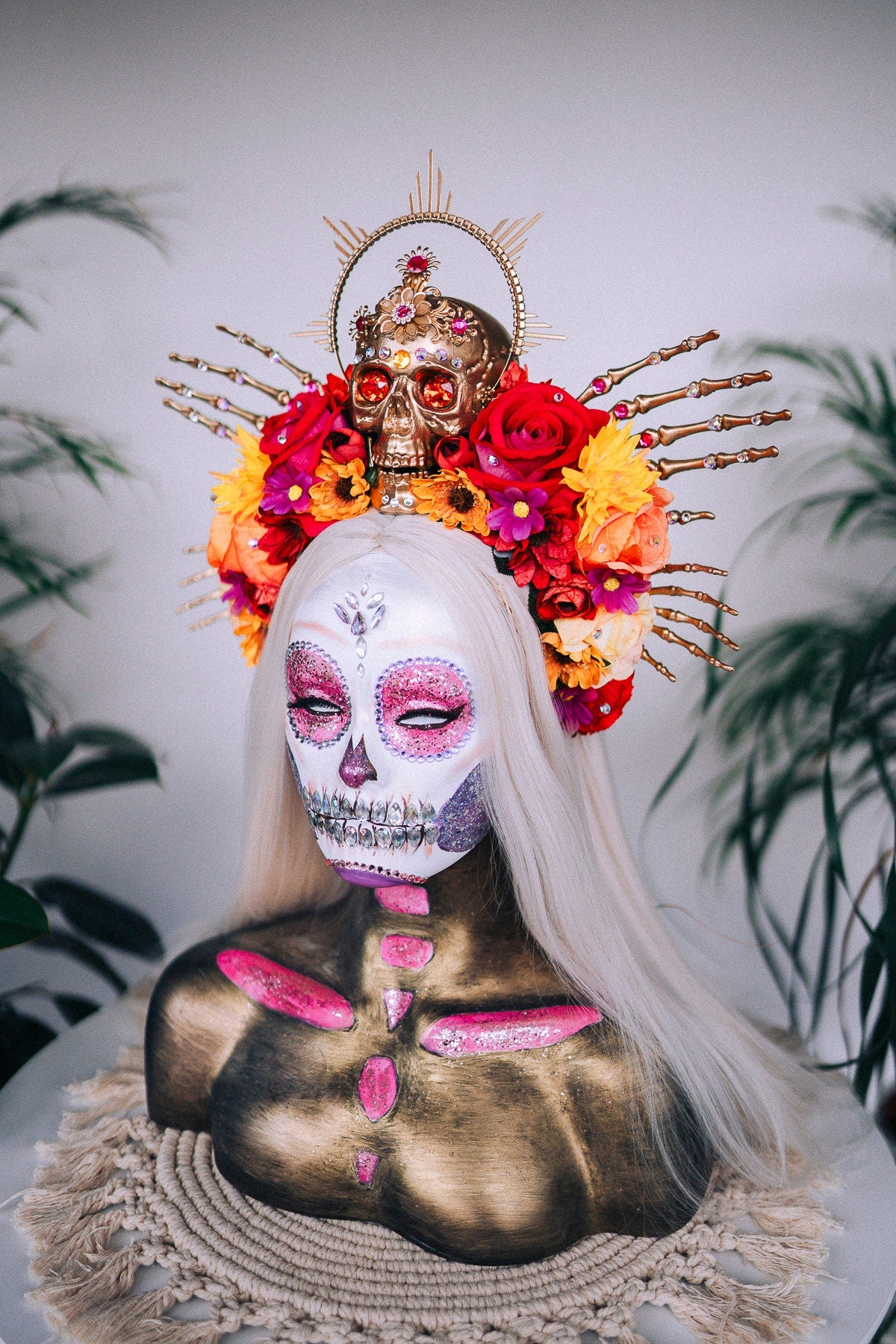 SALE La Catrina Skull Crown, Floral Headpiece, Red Rose Crown, Day of the Dead, Gothic Crown, Festival Accessory, Mexican Headpiece