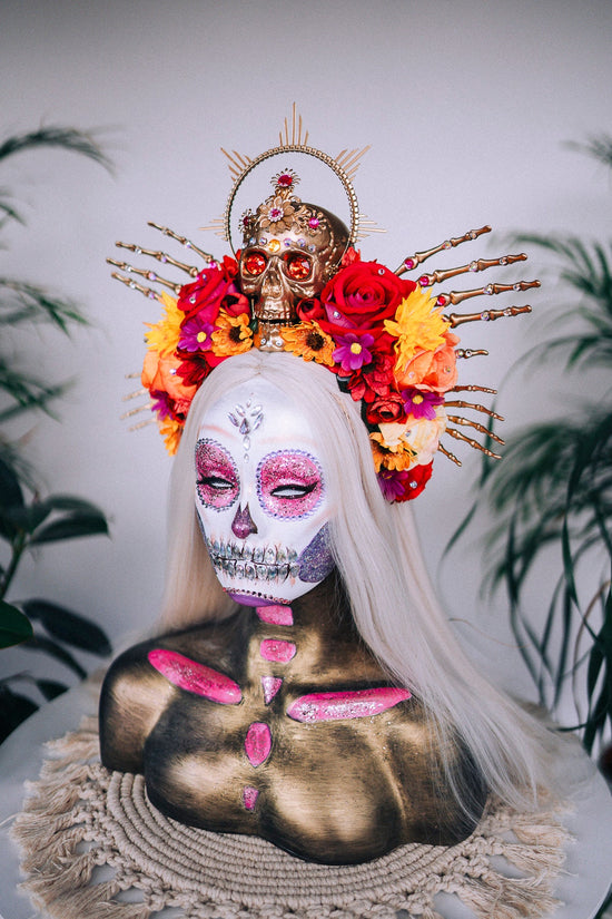 SALE La Catrina Skull Crown, Floral Headpiece, Red Rose Crown, Day of the Dead, Gothic Crown, Festival Accessory, Mexican Headpiece