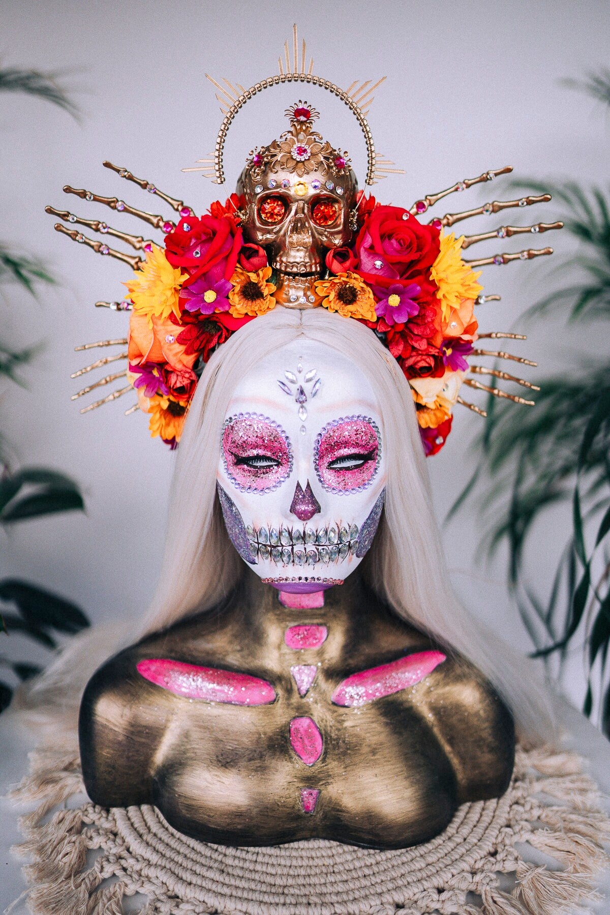 SALE La Catrina Skull Crown, Floral Headpiece, Red Rose Crown, Day of the Dead, Gothic Crown, Festival Accessory, Mexican Headpiece