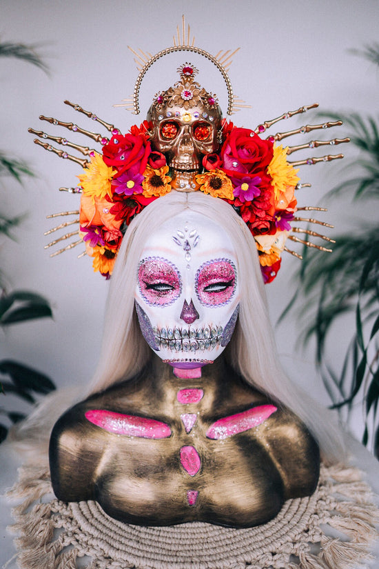 SALE La Catrina Skull Crown, Floral Headpiece, Red Rose Crown, Day of the Dead, Gothic Crown, Festival Accessory, Mexican Headpiece