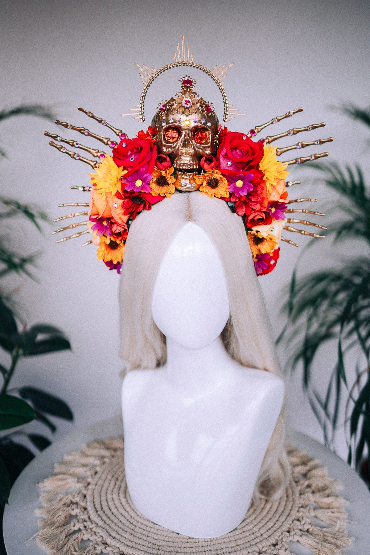 SALE La Catrina Skull Crown, Floral Headpiece, Red Rose Crown, Day of the Dead, Gothic Crown, Festival Accessory, Mexican Headpiece