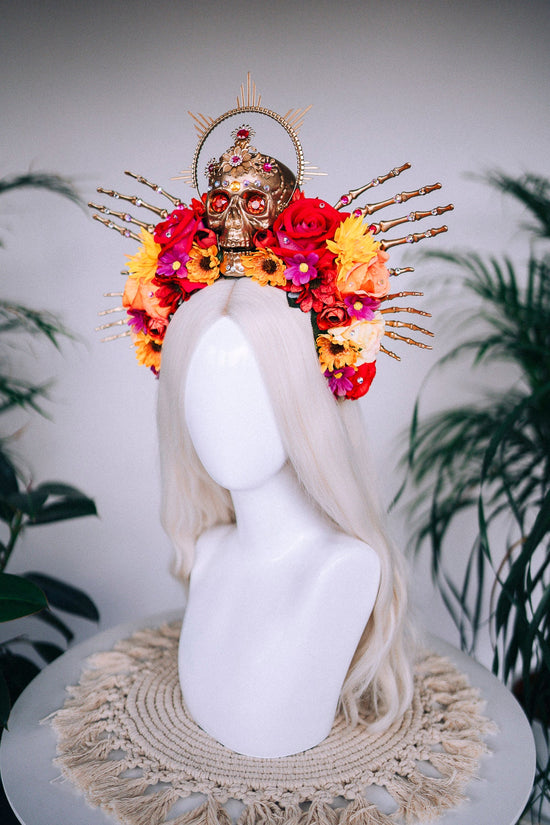 SALE La Catrina Skull Crown, Floral Headpiece, Red Rose Crown, Day of the Dead, Gothic Crown, Festival Accessory, Mexican Headpiece