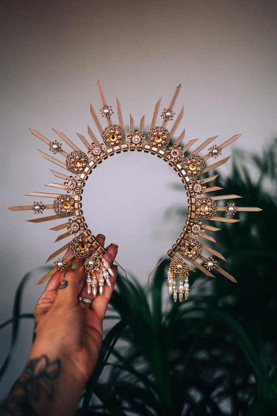 SALE Gold halo crown, Bridal headpiece, Halo headpiece, Gold crown, Flower crown, Bridal crown, Wedding headpiece, Festival crown, Wedding