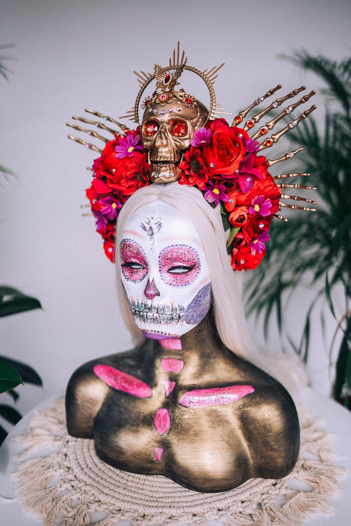 SALE Golden Skull Crown, Red Roses, Skeleton Hands, Day of the Dead, La Catrina Festival Tiara, Handcrafted Sugar Skull, Floral Headpiece