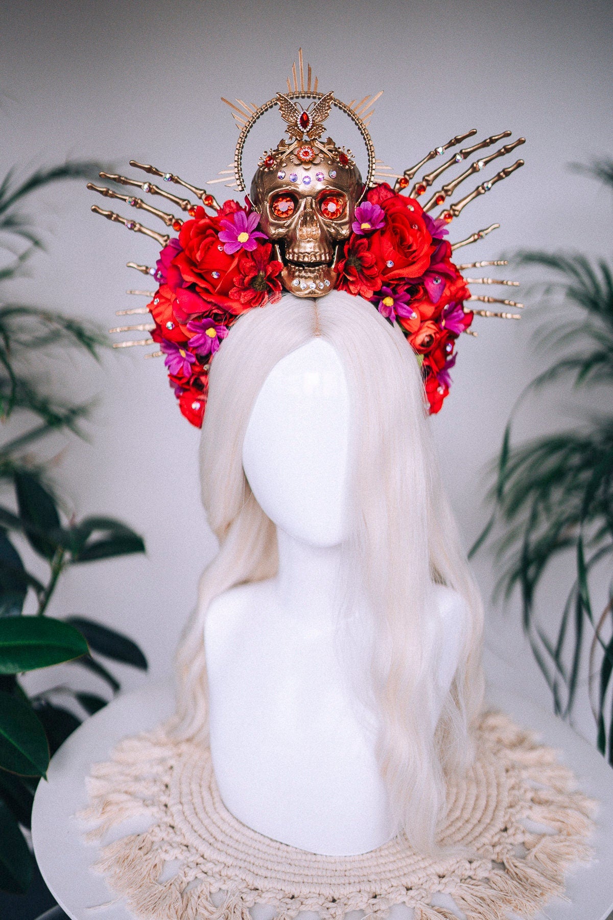 SALE Golden Skull Crown, Red Roses, Skeleton Hands, Day of the Dead, La Catrina Festival Tiara, Handcrafted Sugar Skull, Floral Headpiece