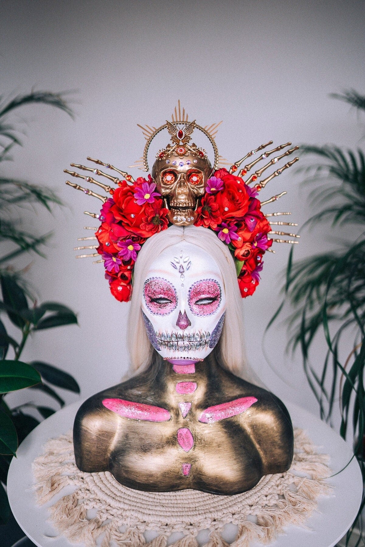 SALE Golden Skull Crown, Red Roses, Skeleton Hands, Day of the Dead, La Catrina Festival Tiara, Handcrafted Sugar Skull, Floral Headpiece
