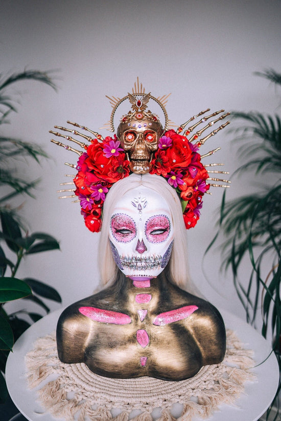 SALE Golden Skull Crown, Red Roses, Skeleton Hands, Day of the Dead, La Catrina Festival Tiara, Handcrafted Sugar Skull, Floral Headpiece
