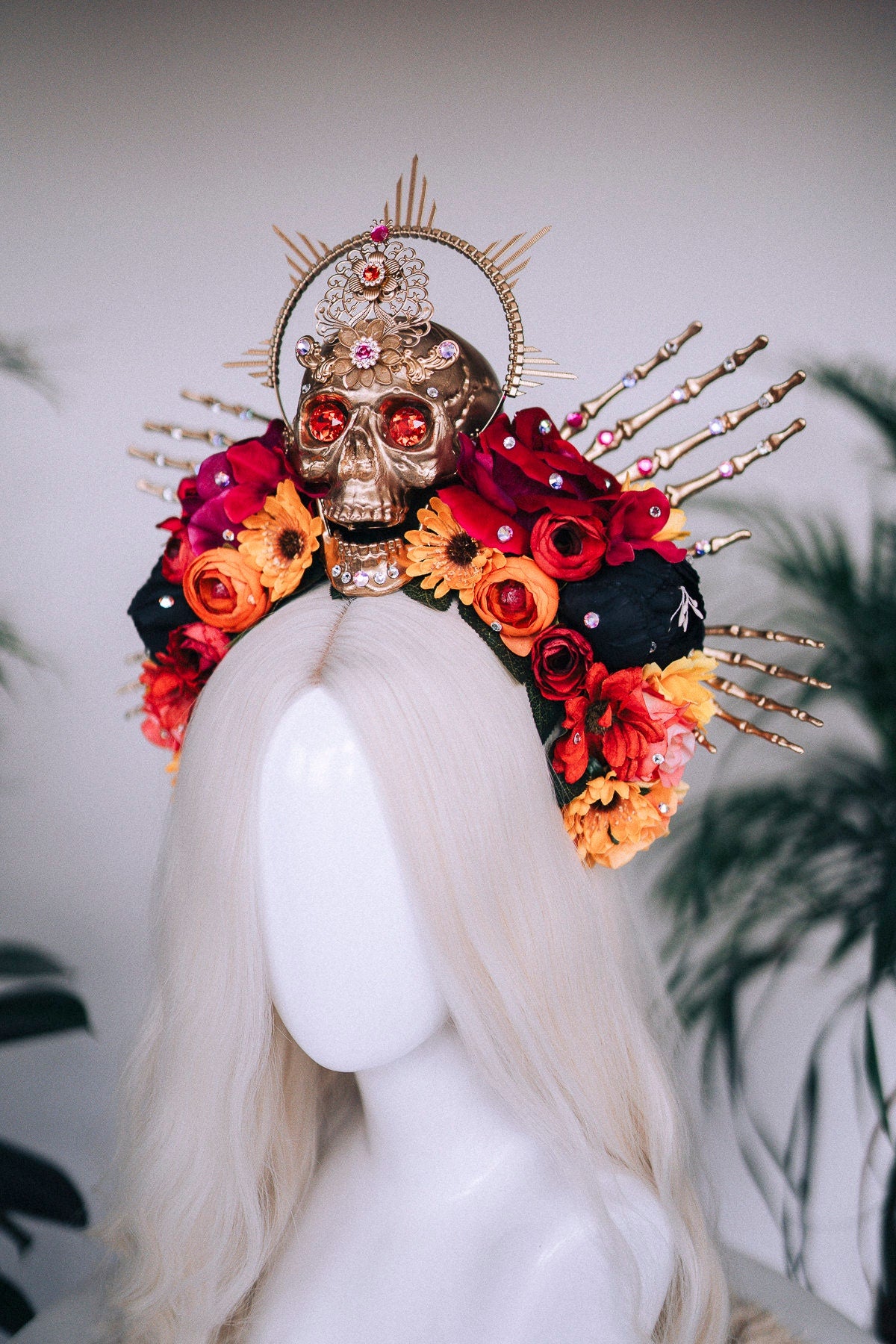 SALE Gold Skull Crown, Day of the Dead, La Catrina Headdress, Dia de los Muertos, Skeleton Hands, Halloween Crown, Mexican Goddess