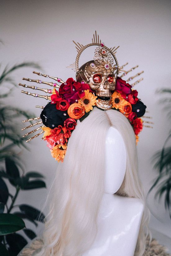 SALE Gold Skull Crown, Day of the Dead, La Catrina Headdress, Dia de los Muertos, Skeleton Hands, Halloween Crown, Mexican Goddess