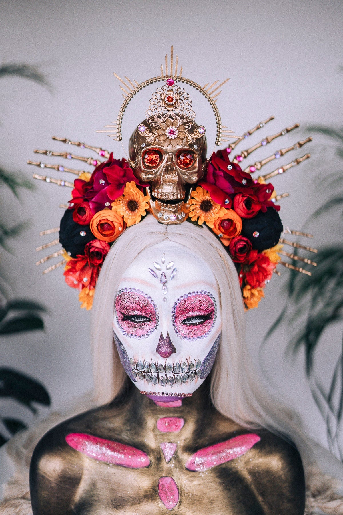 SALE Gold Skull Crown, Day of the Dead, La Catrina Headdress, Dia de los Muertos, Skeleton Hands, Halloween Crown, Mexican Goddess